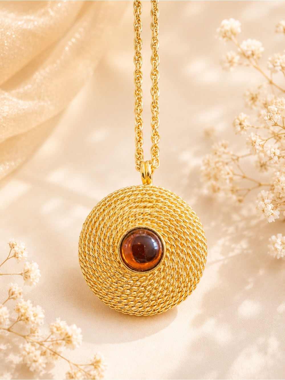 Vintage Beeline Solid Perfume Locket Necklace Gold Tone Amber Cabochon Pendant